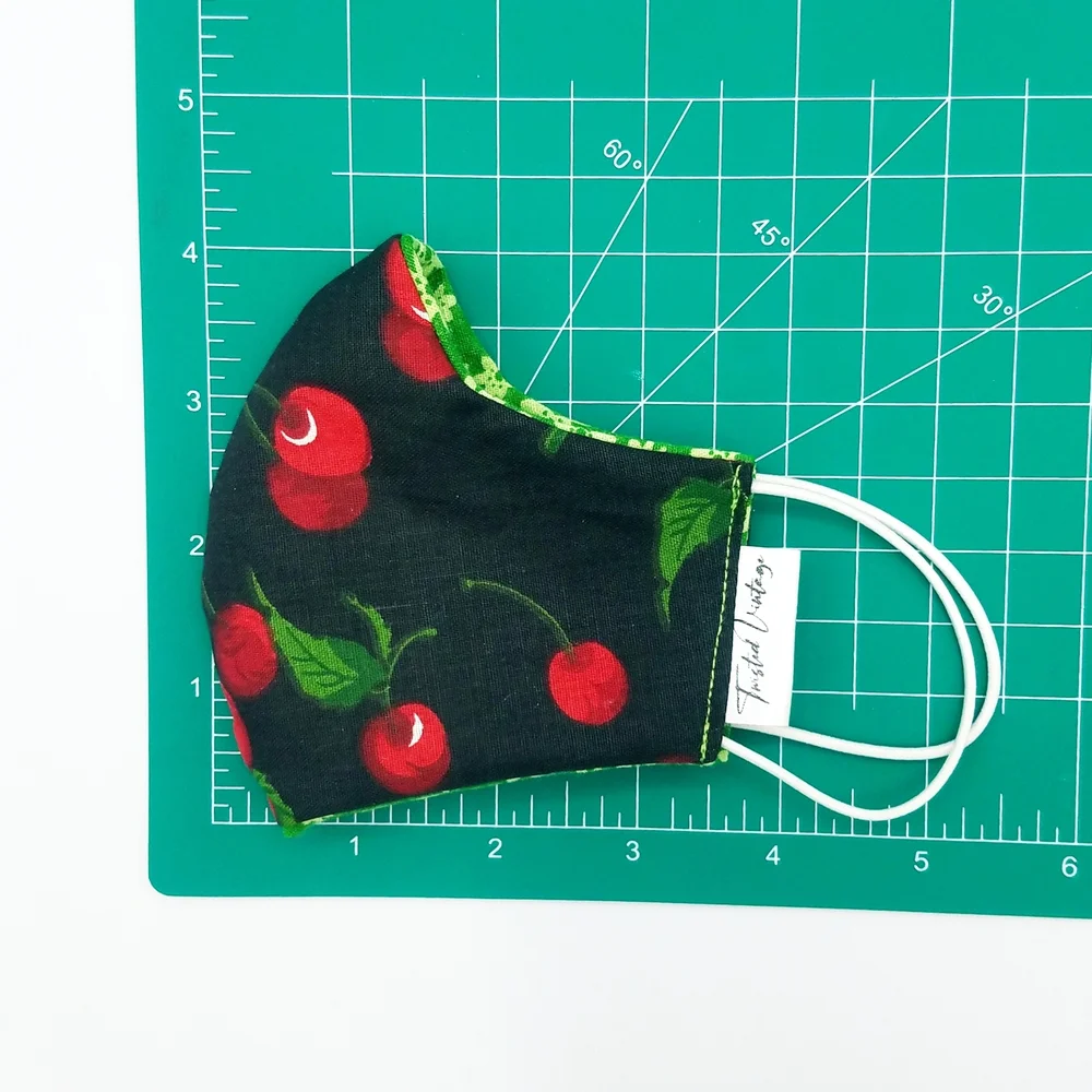 Little Girls Red Cherries Reversible Vintage Green Floral Face Mask 5 6 5/6 Hand